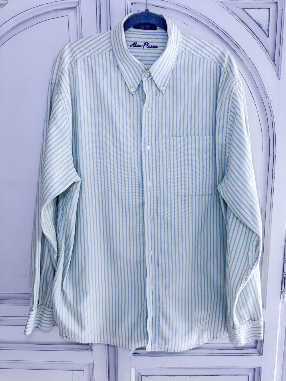 Alan Flusser Men’s XL Green Blue Striped Cotton Button Down Shirt